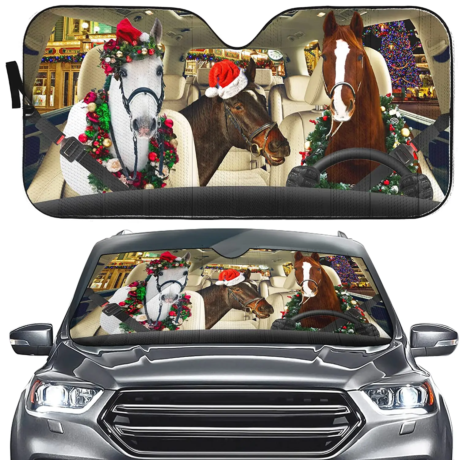 

YOSA Christmas Horse Driving Windshield Sun Shade for Auto, Car Front Window White Horse Sunshade Visor, Farm Funny Animal Sunsh