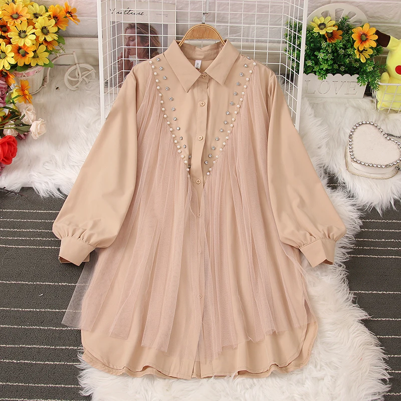 

Женский свободный сетчатый топ с воротником-поло, сетчатая рубашка, рукав-фонарик с бисером, средняя длина, темперамент, весенне-Осенняя мода, прилив