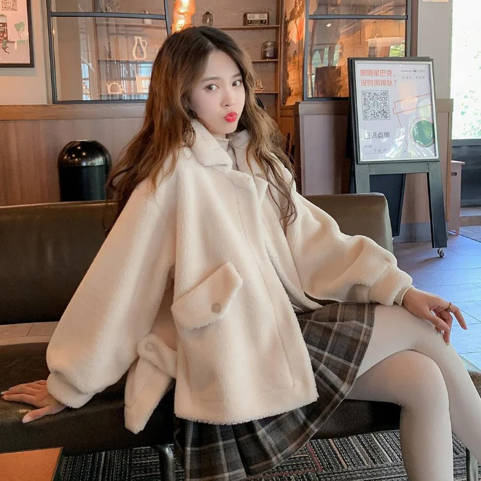 

Jacket Women Loose Autumn Winter Short Fragrance Split Outerwear Cashmere Thickened Imitation Cashmere Coat