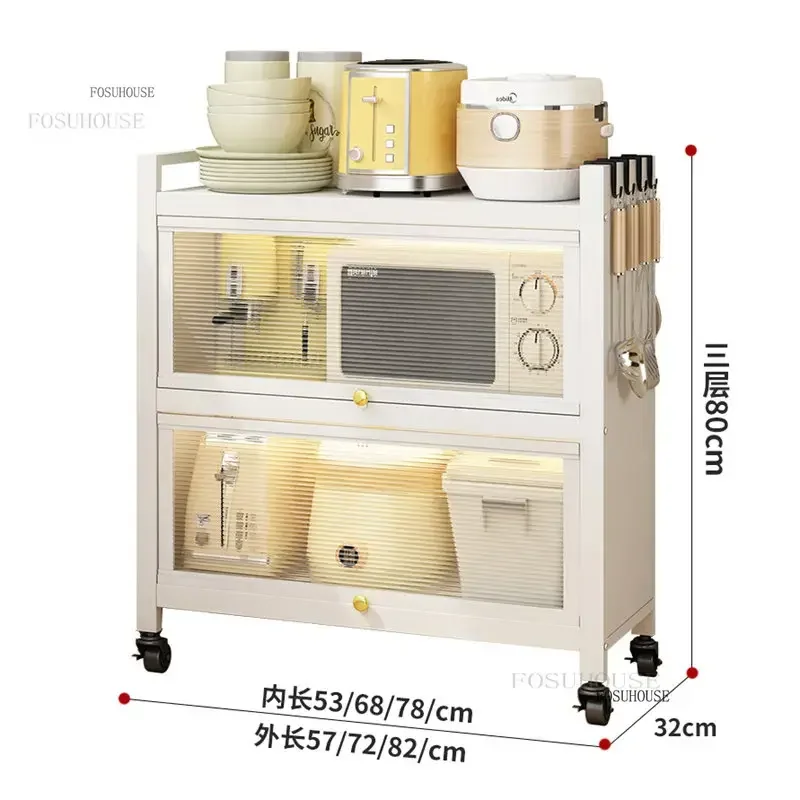 Carbon Steel Modern Kitchen Cabinet Kitchen Furniture Multi-layer Floor Storage Rack Microwave Storage Cabinet with Acrylic Door 6