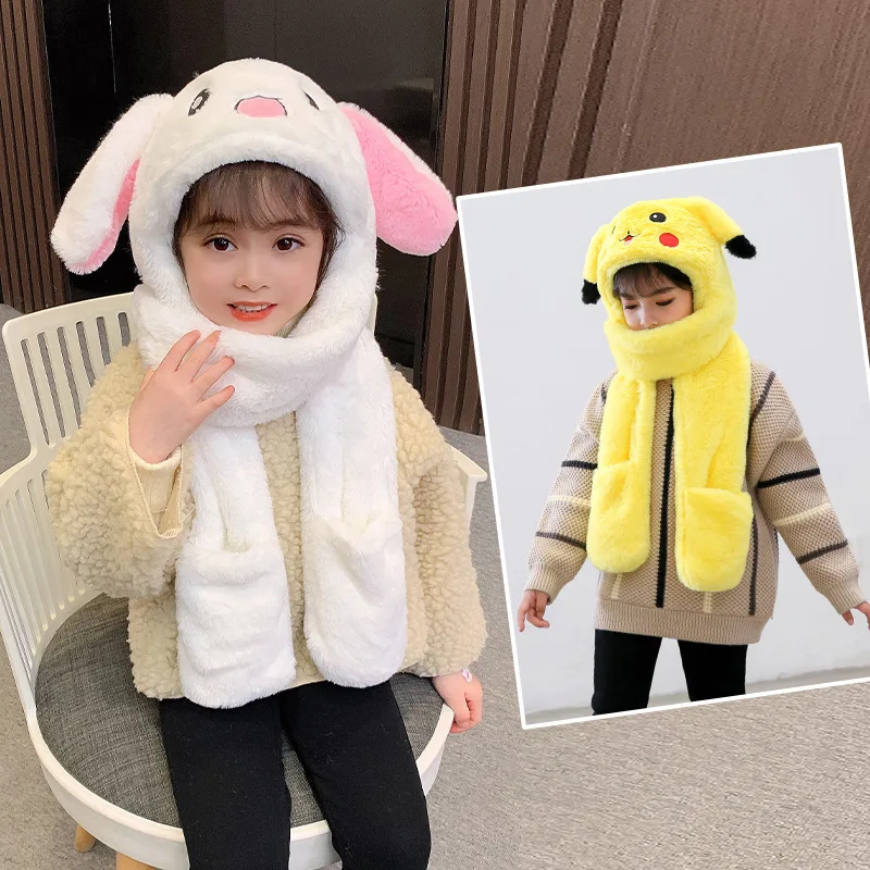 Pika Winter Plush Ear Move Hat Scarf Gloves Set 3 In 1 For Kids
