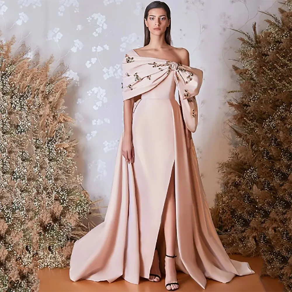 Elegant Light Pink Evening Dresses A Line Off the Shoulder Big Bow Satin Party Prom Gowns Pleats Beaded Special Occasion Wear elegant navy blue evening dresses 2024 satin beaded off shoulder satin vintage celebrity prom gowns party dresses robe de soiree