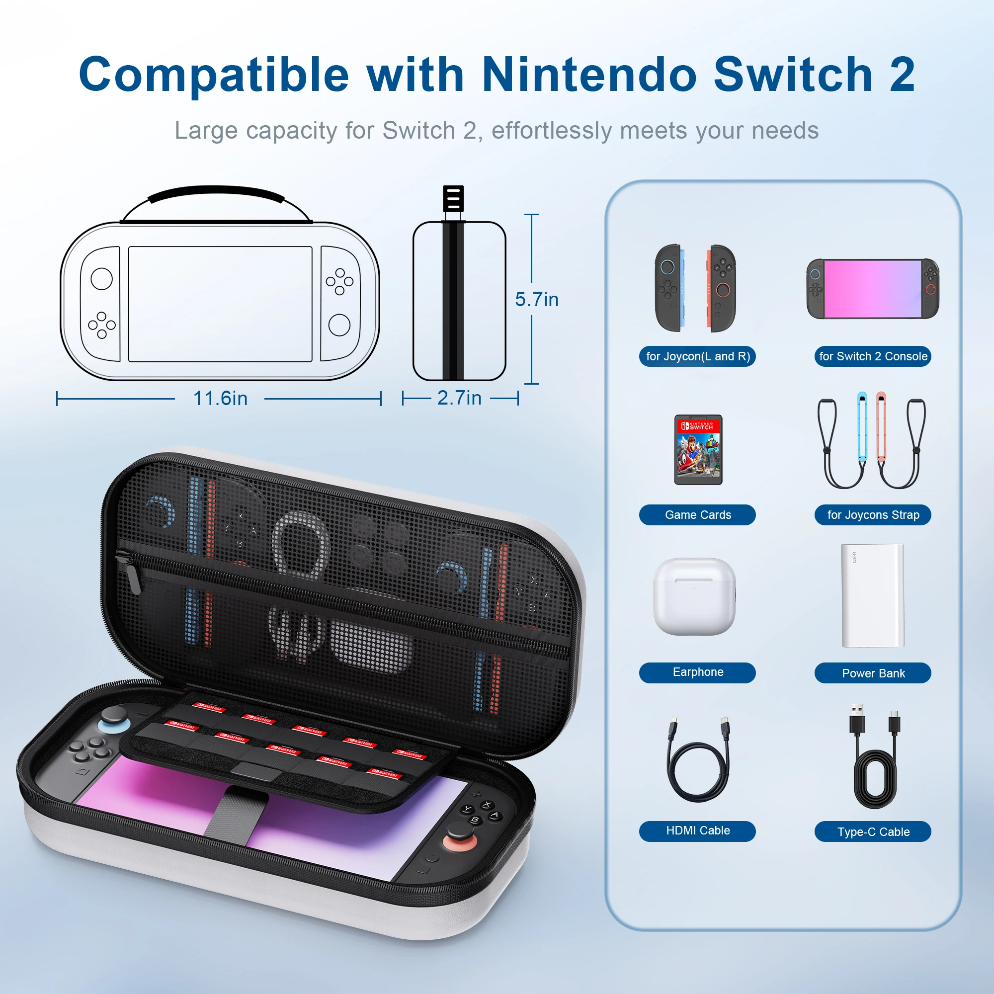 Large Capacity Portable PU Hard Travel Case with Accessory and Game Card Pockets