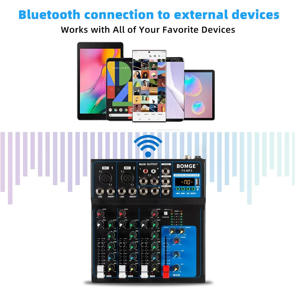 BOMGE F4 4channel metal digital audio mixer with Bluetooth 99DSP UPS Jack MP3 player console 48V phantom power