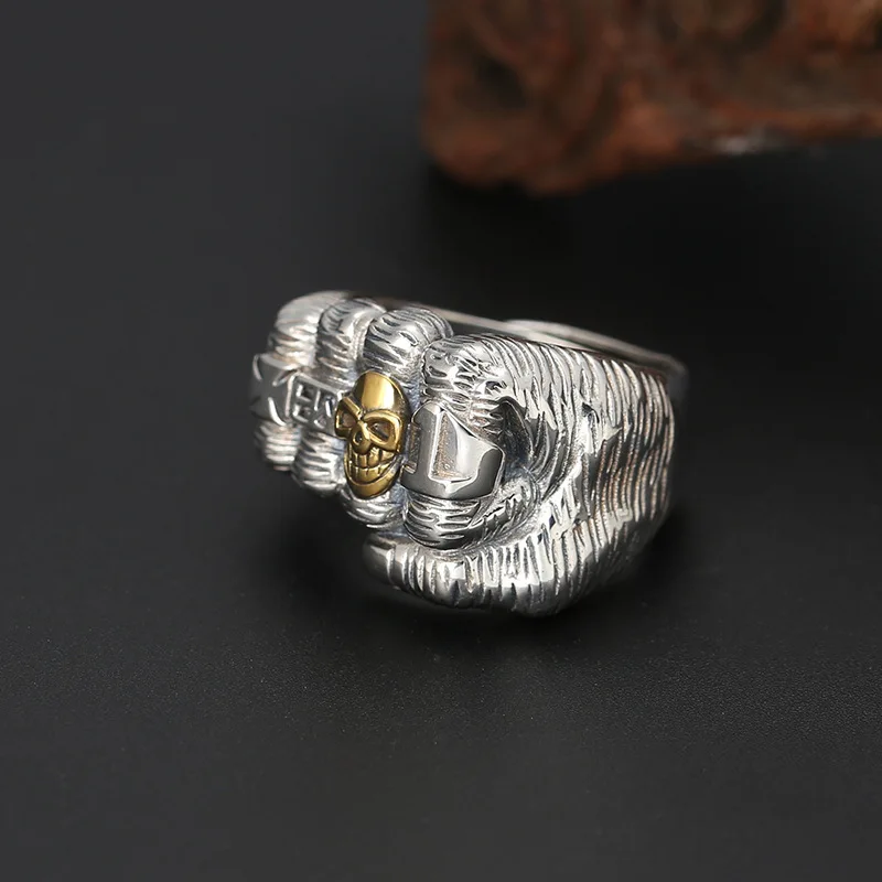 Retro Golden Skull Fist Ring For Men Punk Gothic Rock Hiphop Open Ring Handmade Unisex Jewelry Bikers Accessories Lovers Gift 2