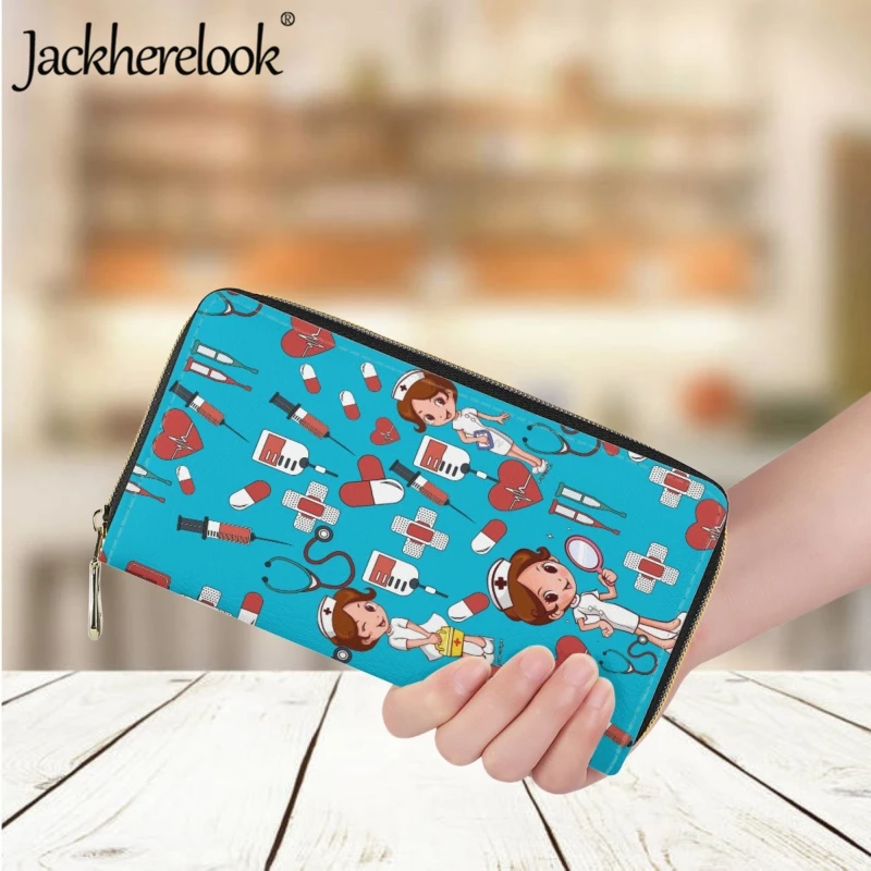 Jackherelook Women's Long Leather Wallet Nurse/Doctor Medical Syringe Stethoscope Cartoon Pattern Purse Lady Clutch Card Holder