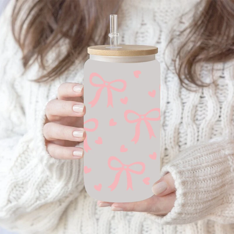 DTF Transfer Sticker UV DTF Transfer Bow Theme 16oz Libbey Glasses Wraps Cup Can DIY Waterproof Easy To Use Decals D17034