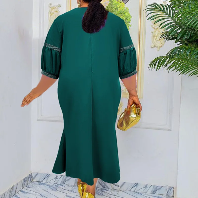 Fashion Spring Autumn Diamonds Solid Color Three Quarter Sleeve Elegant Crew Neck Patchwork Plus Size Fishtail Dress for Women