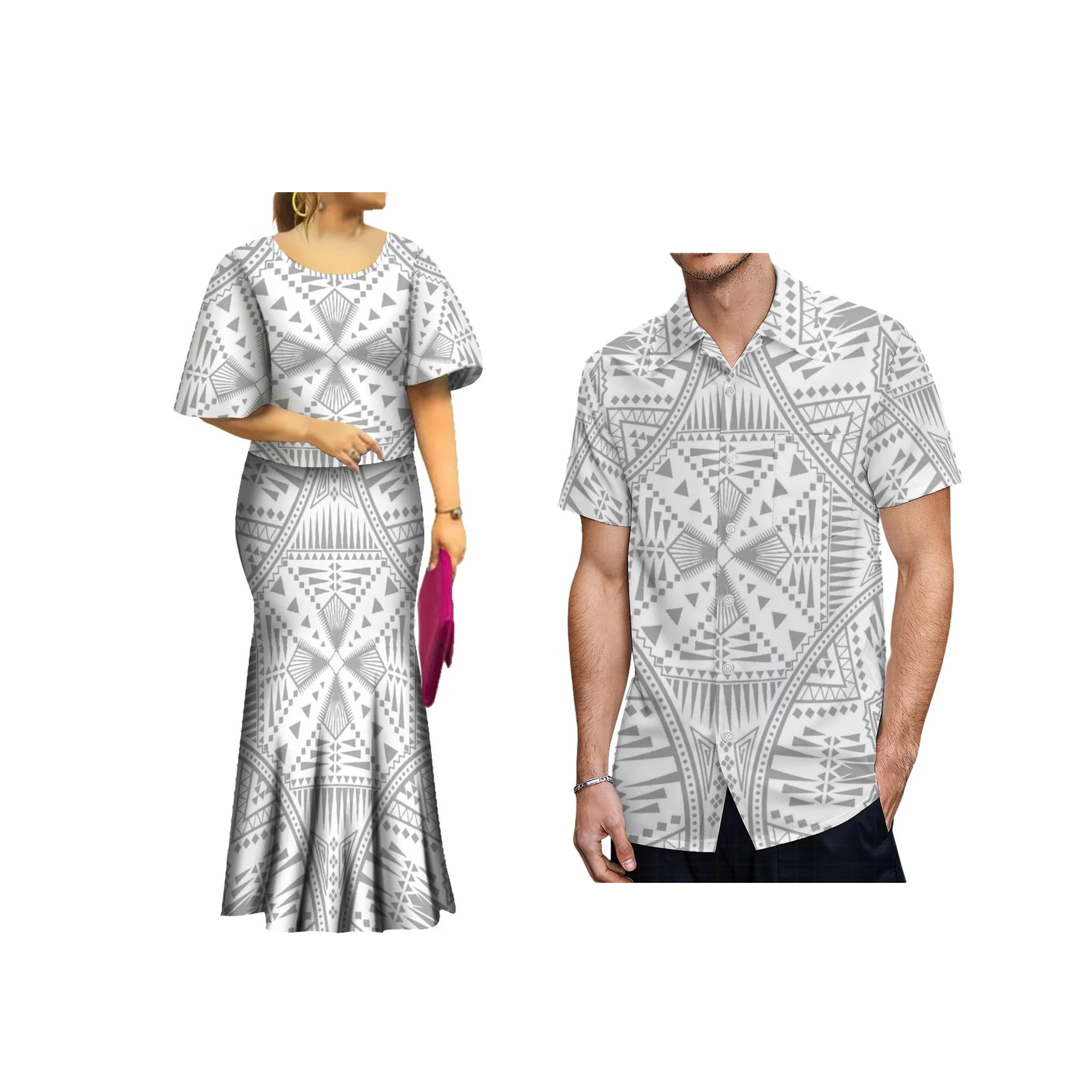 Samoan Puletasi Couple Dress - One-Shoulder Polynesian Printed Outfits For Men & Women
