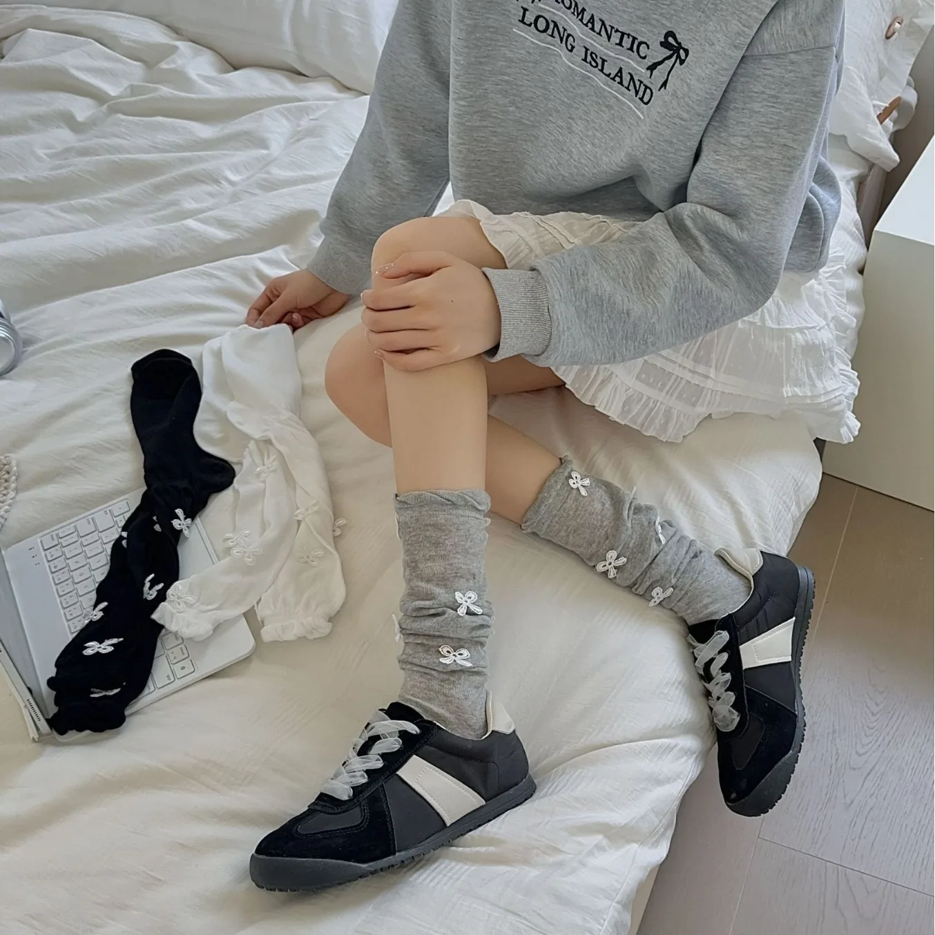 Women's Summer Ballet-Style Knitted Bow Socks - Breathable Micro Permeable Calf-Length with Bubble Top
