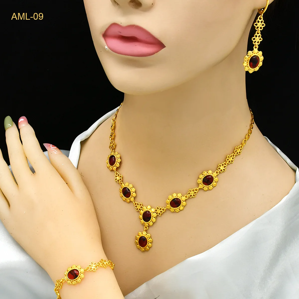 

Nigerian Bride Necklace Earrings Bracelet Three Piece Set of Gold Plated Jewelry Set DD30225