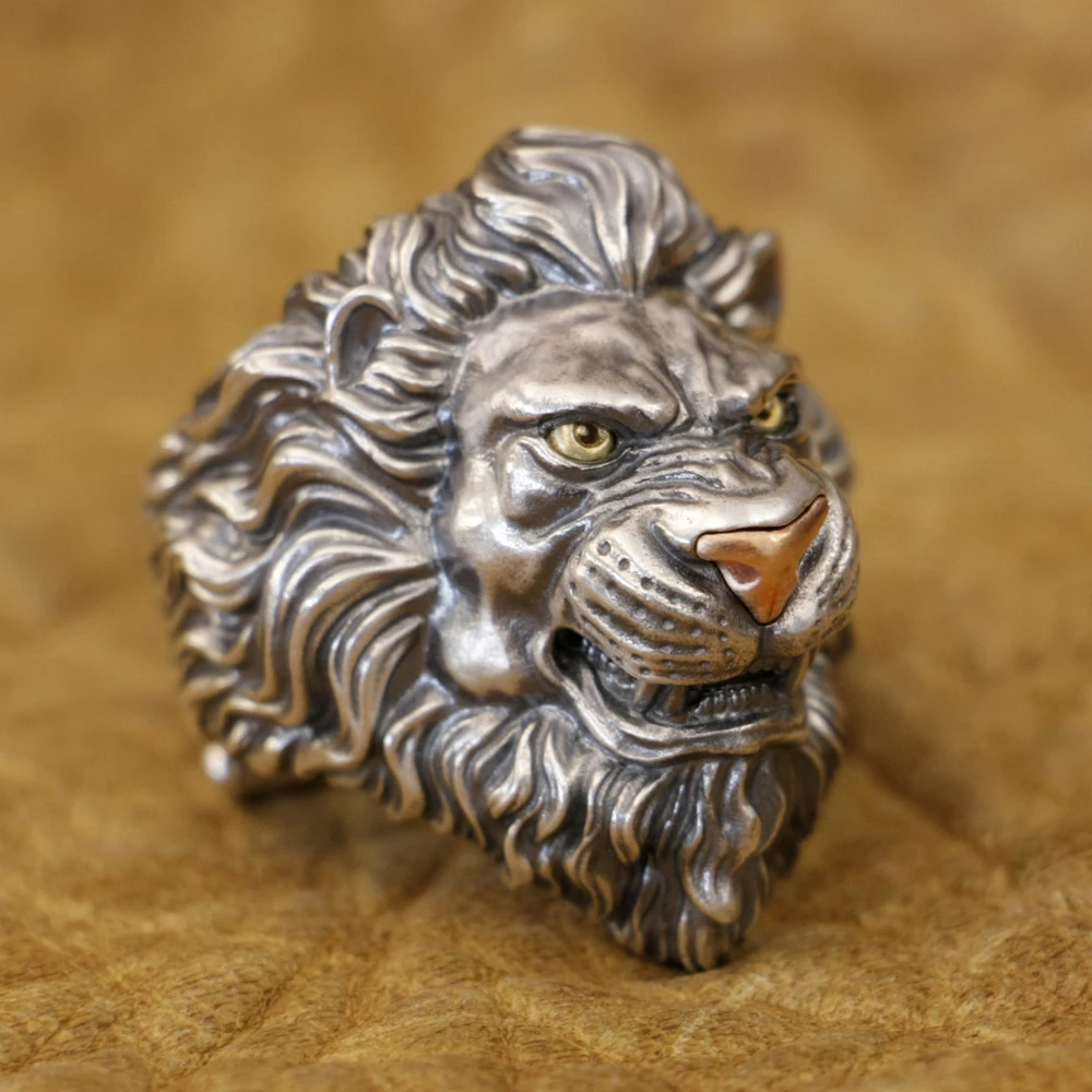 

Copper Nose Brass Eyes 925 Sterling Silver Angry Lion Ring Punk Adjustable Ring TA428 US Size 8 to 15