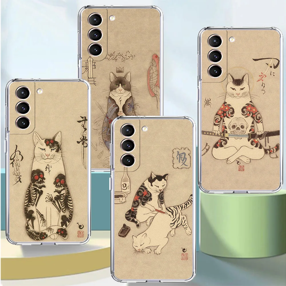 

Japanese Samurai Cat Tattoo Cats Transparent Fashion Case For Samsung Galaxy S20 FE S23 S22 S21 Ultra S10 S9 S8 Plus Phone Cover