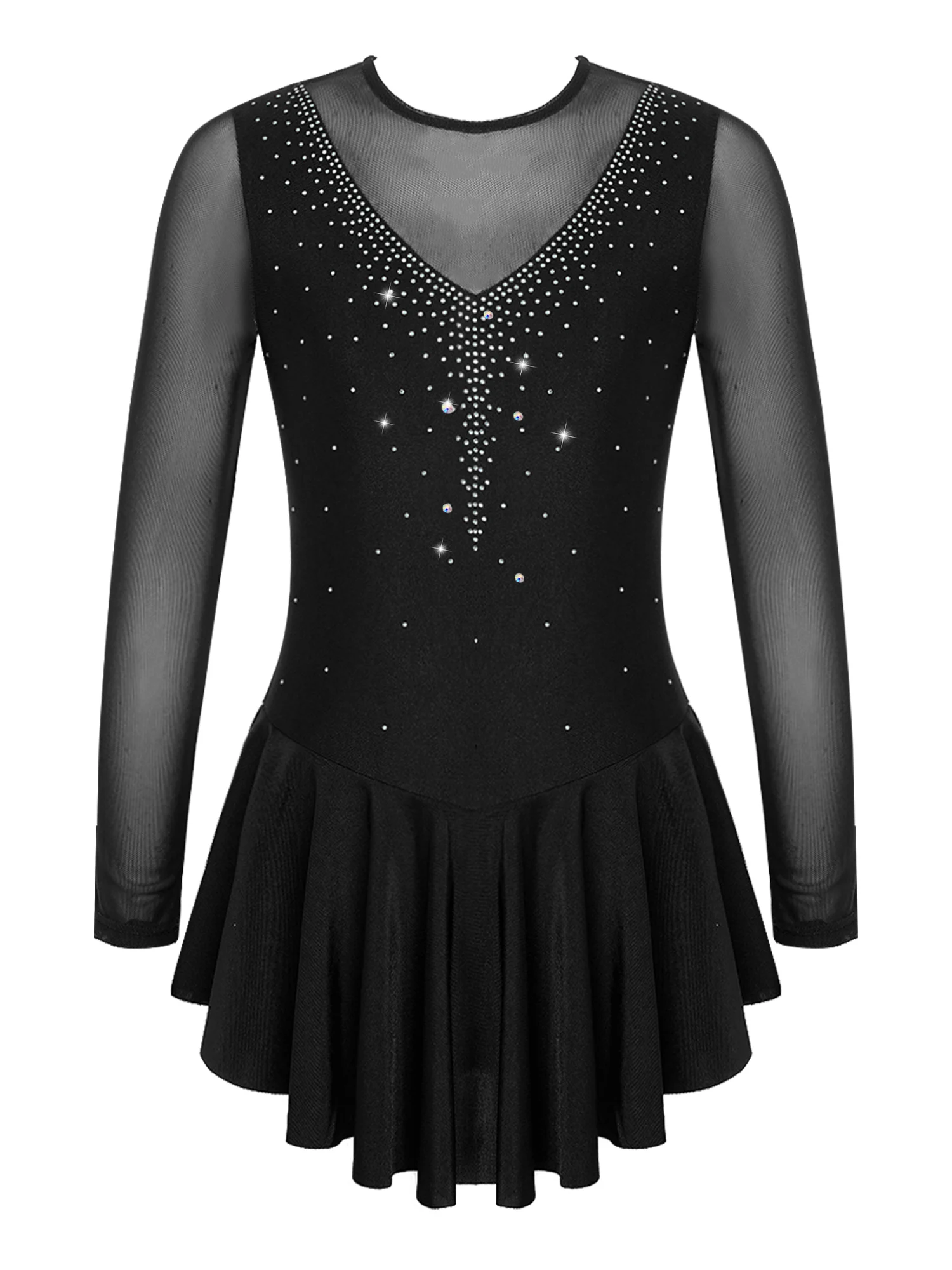 

Girls Kids Figure Skating Dress Gymnastics Leotard Mesh Long Sleeve Rhinestone Ballet Dress Latin Tango Leotards Dancewear Girls