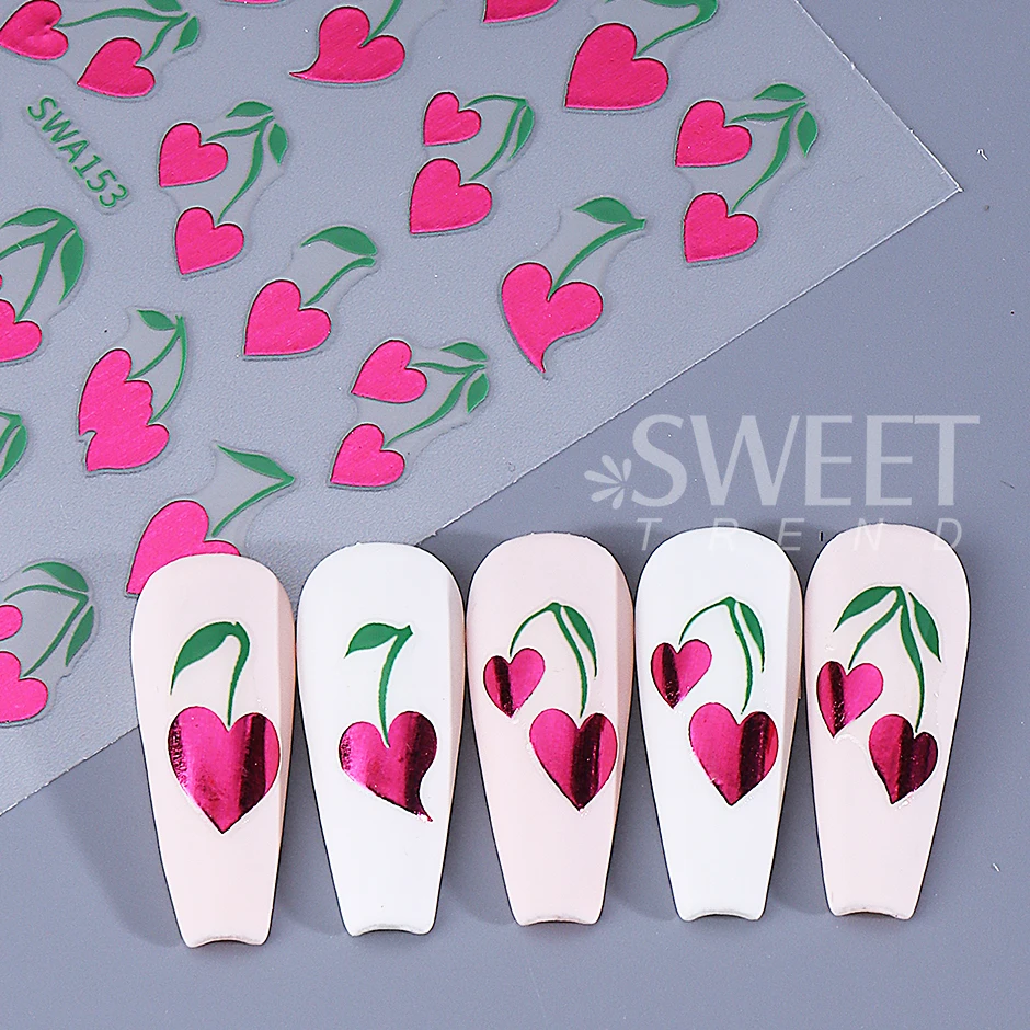 2pcs Valentine's Day Nail Stickers Heart-shaped Cherry Leaves Self-adhesive Nail Decals Sweet DIY Manicure Decoration Sliders