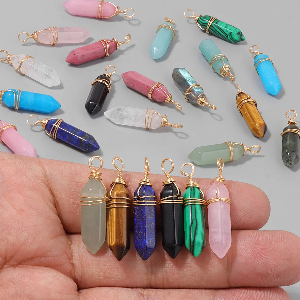 5pcs Wire Wrapped Hexagonal Pendant Natural Labradorite Quartzs Pointed Bullet Stone Pendulun Charms For Necklace Earrings DIY 2