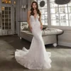 Mermaid Wedding Dress Sexy Deep V Neck See Through Back Buttons Lace Applique Glitter Tulle Trumpet Bridal Gown Robe De Mariage 4