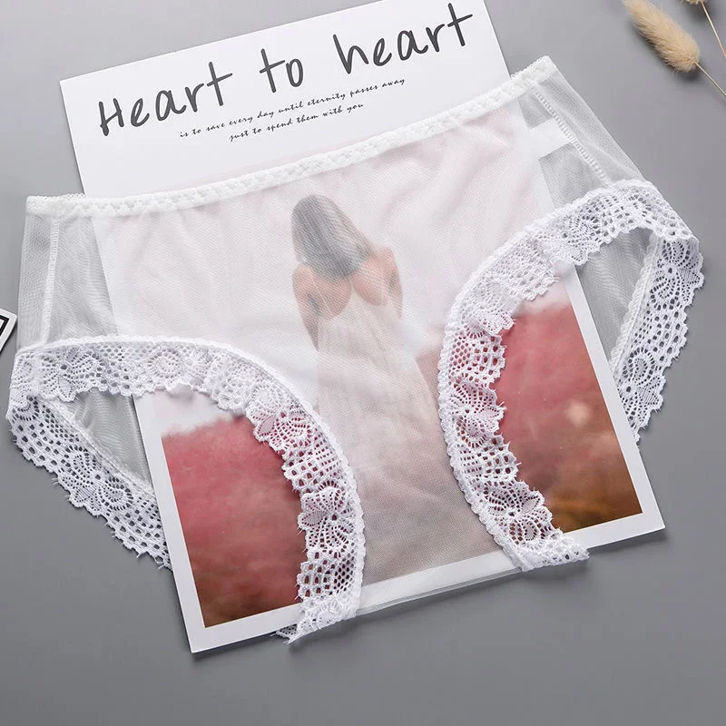 Women Underwear Solid Color Seamless Perspective Mesh Briefs Ultra-thin Plus Size M-3XL
