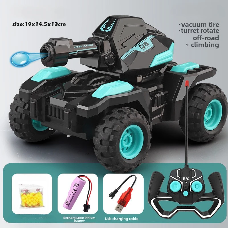 Enfant jouant avec un char RC télécommandé dont la tourelle rotative tire des balles, jouet militaire