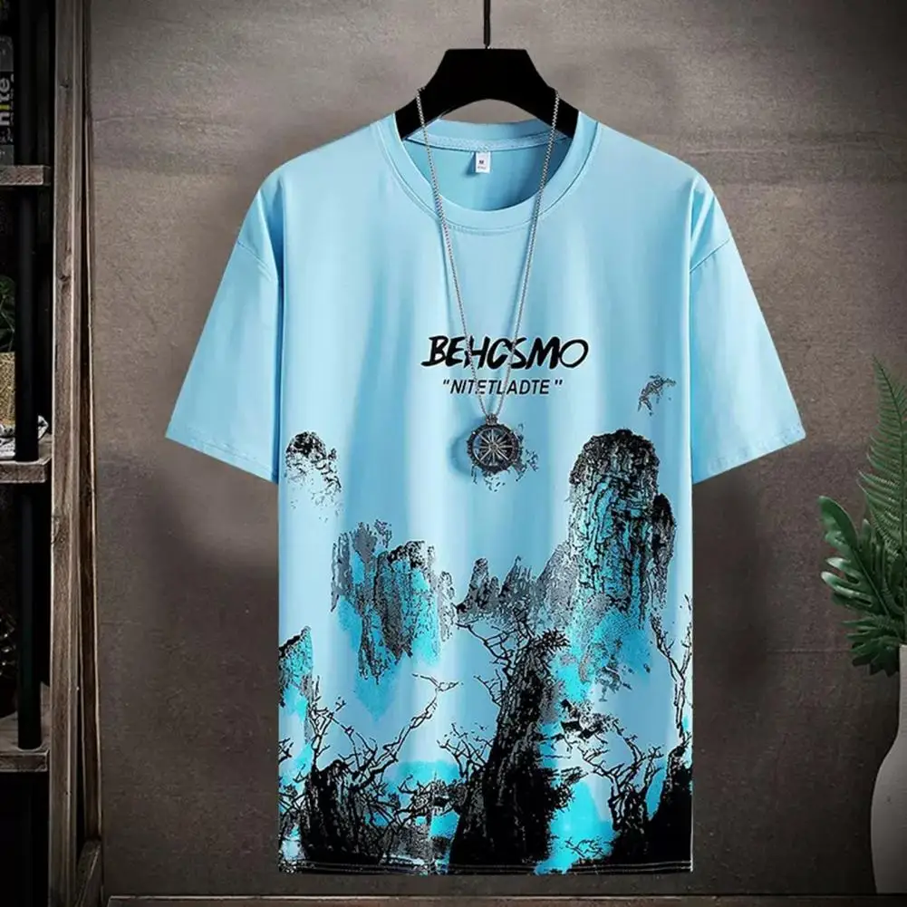 

Fashion T-shirt Shorts Set Elastic Waistband Thin Casual Outfit Men Mountain Scene Print T-shirt Wide Leg Shorts Set