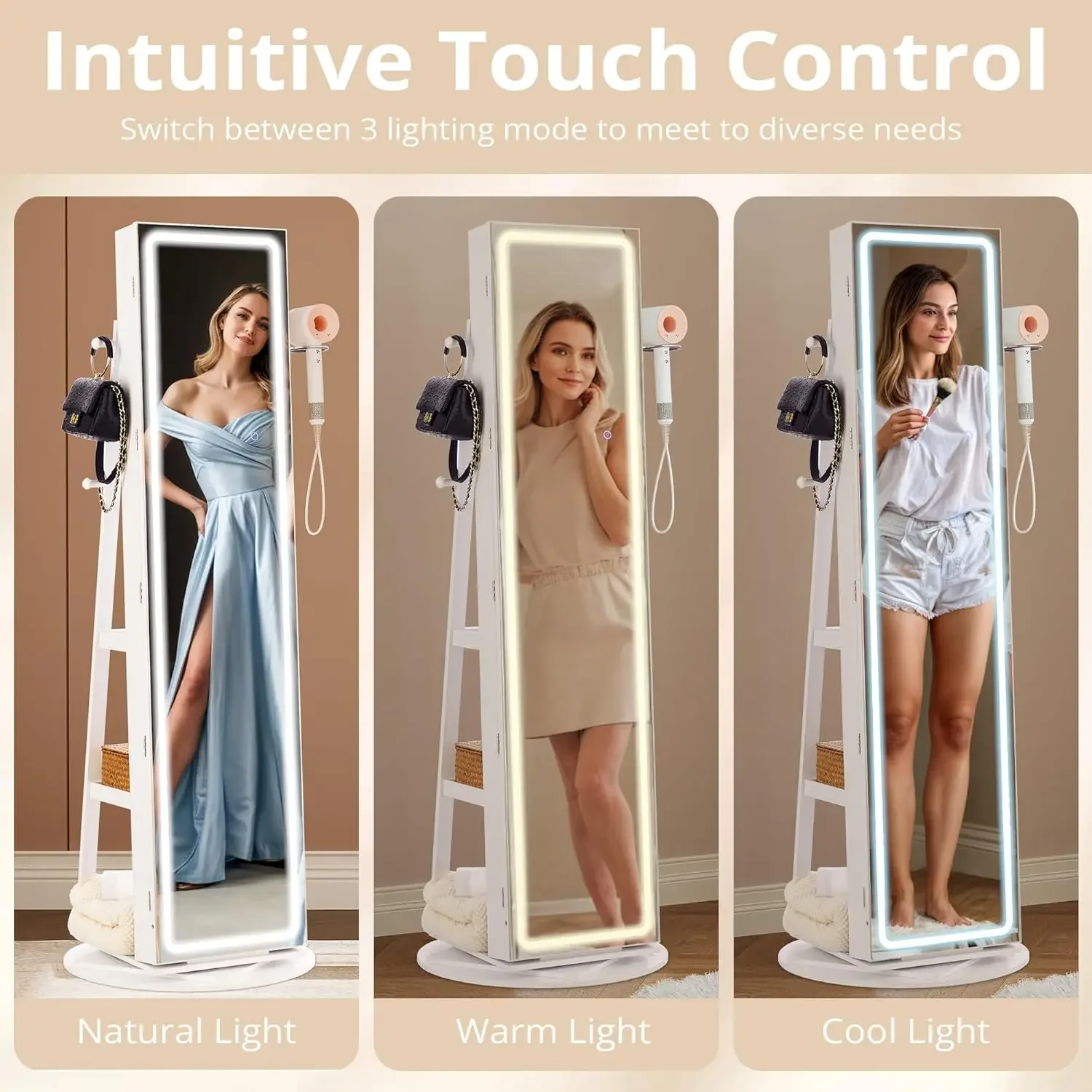 LED Mirror Jewelry Cabinet Standing, 360° Swivel Lockable Jewelry Armoire with Full Length Mirror & Adjustable LED Lights,White