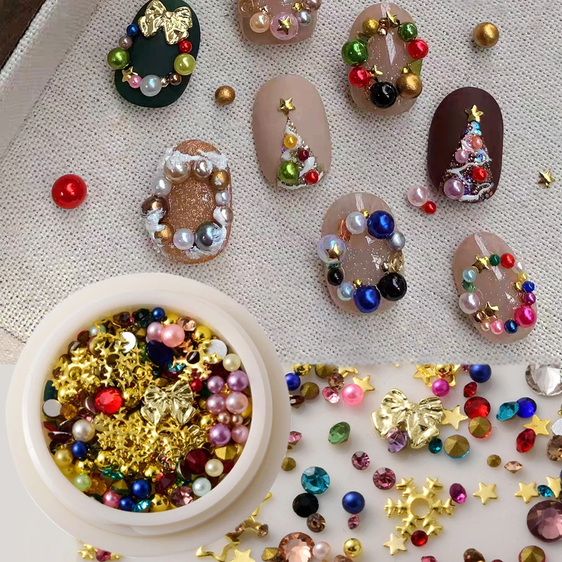 

1 коробка подвесок для ногтей сверкающие бриллиантовые жемчужины звезда снежинки Бант ювелирные изделия для рождественского маникюра украшения для ногтей