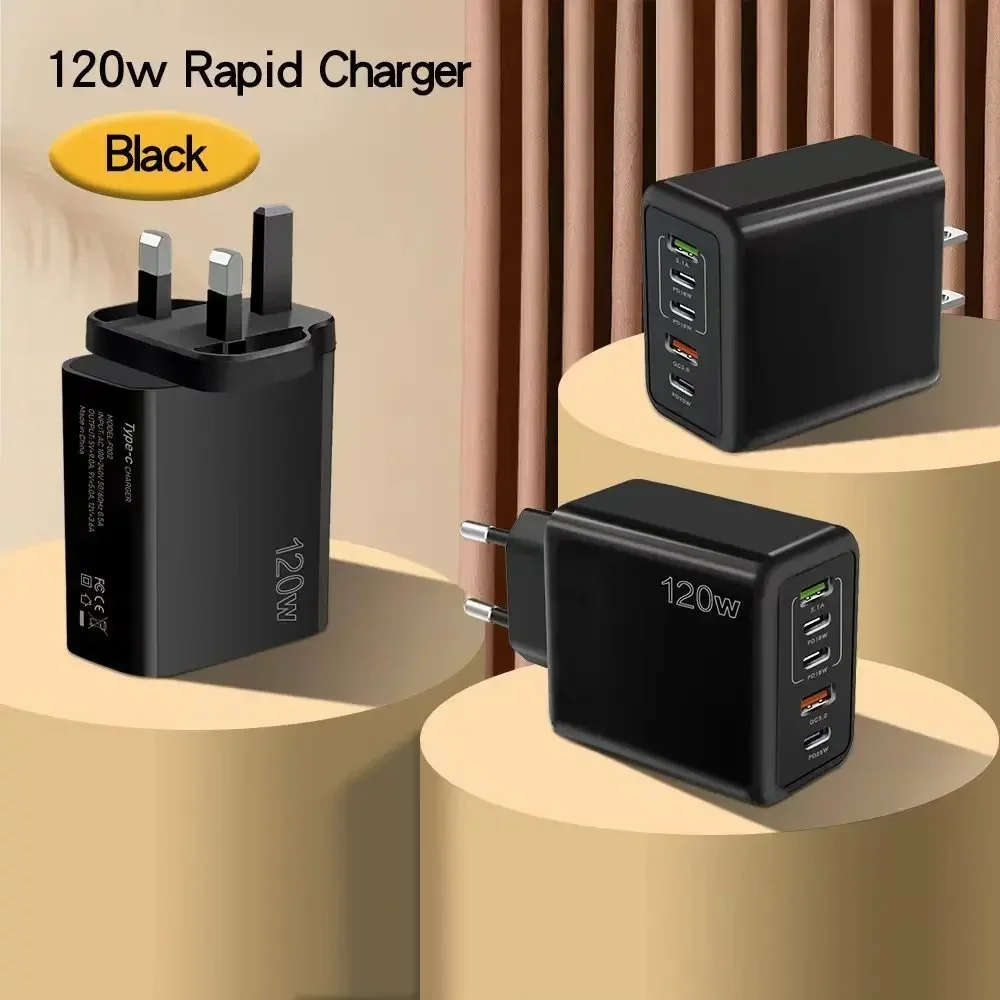 120W 5-Port USB Charger - Fast Charging Wall Adapter for iPhone Samsung Xiaomi Huawei EUUSUK Plug