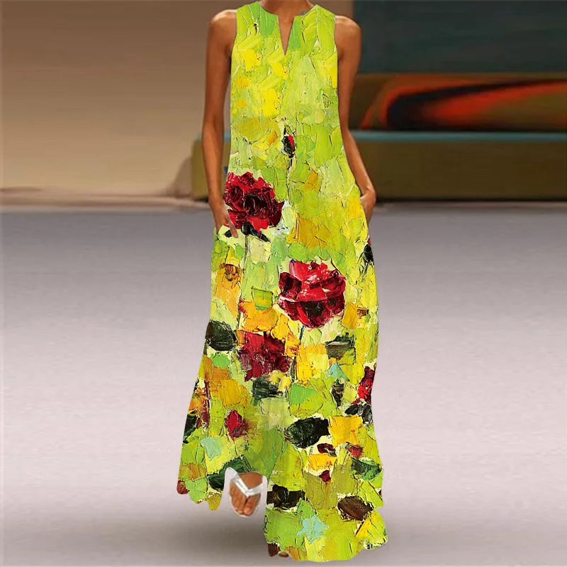 

2023 Summer Fashion New Women's Clothing European American Vintage Print Robe V-Neck Multi Color Long Sexy Sleeveless Dress