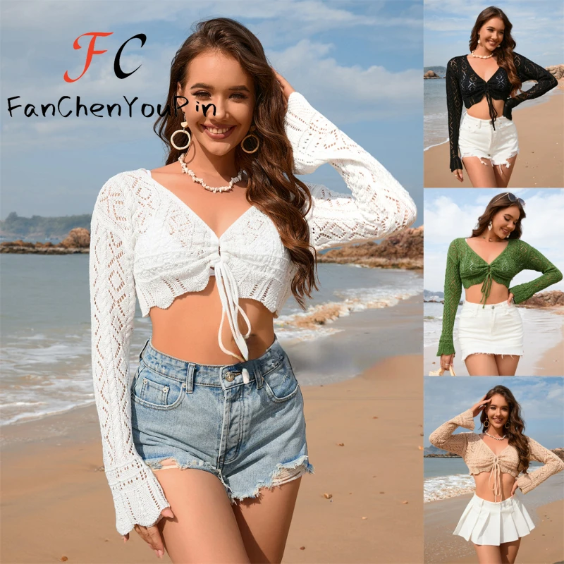 

Женская кружевная накидка, элегантный однотонный вязаный кардиган с V-образным вырезом и расклешенными рукавами, Повседневная Свободная Пляжная накидка на шнуровке, весна-лето