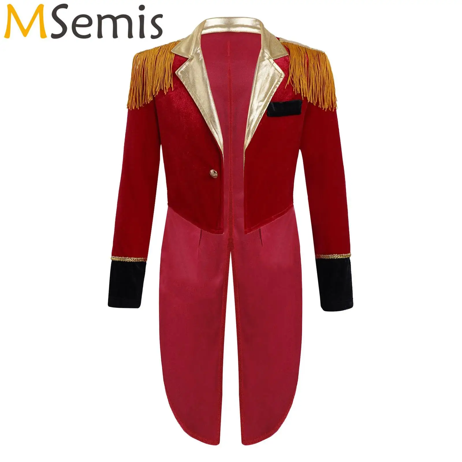 

Red Kids Boys Circus Ringmaster Director Cosplay Costume Long Sleeves Tassels Adorned Dip Hem Coat Carnival Tailcoat Jacket