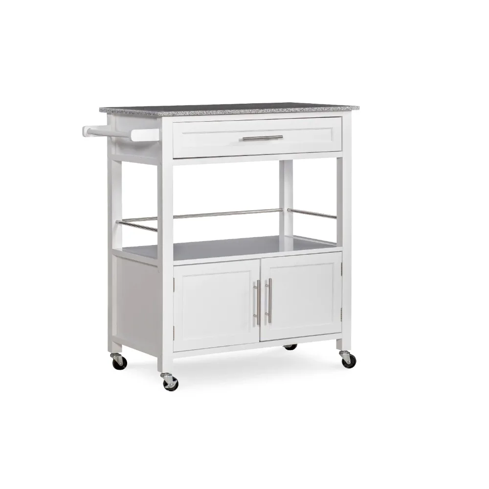 

Mobile Kitchen Cart, White Finish with Gray and White Speckled Granite Top