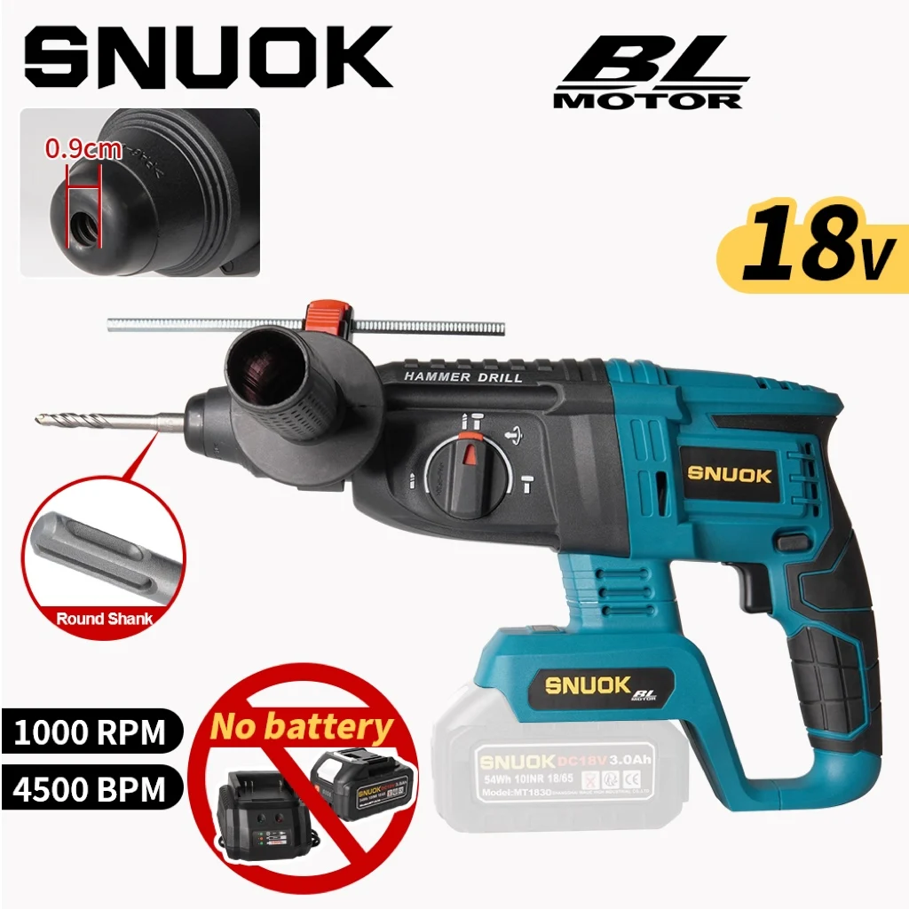 Snuok No Battery 18V Brushless Electric Rotary Hammer 4500Bpm Car Home Repair DIY Electric Drill Makita 18V Lithium Battery electric hammer drill
