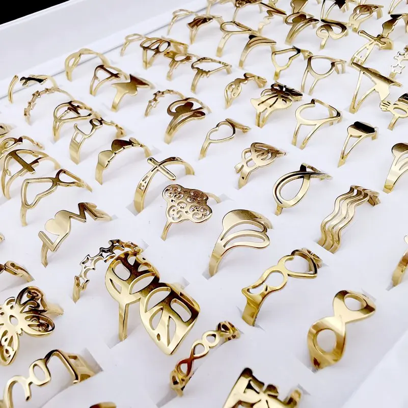 

20 шт./лот Модные полые кольца из нержавеющей стали для женщин Смешанные стильные геометрические кольца с сердцем бабочкой цветком ювелирные изделия кольца подарок для вечеринки