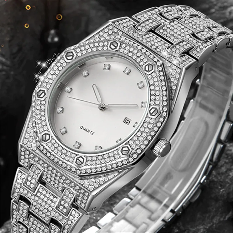 Men Cool Brand Golden Watches Fashion Alloy Band Hip Hop Diamond Calendar Vintage Quartz Watch Reloj Hombre Acero Inoxidable