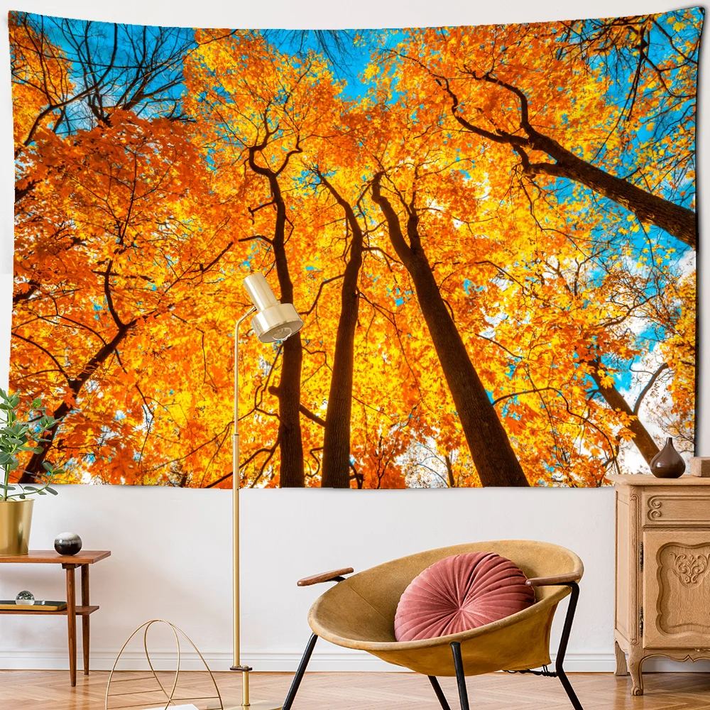 Red Maple Forest Tapestry 3d Autumn Tree Scene Wall Hanging Bohemian Style Pigeon Tree Scene