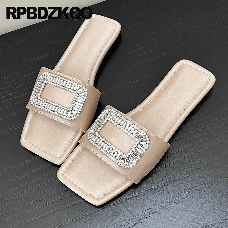 

Open Toe Metallic Rhinestone Slippers Brand Silk Sandals Crystal Slides Italian Women Flats Comfort Diamond Shoes Satin Jewel