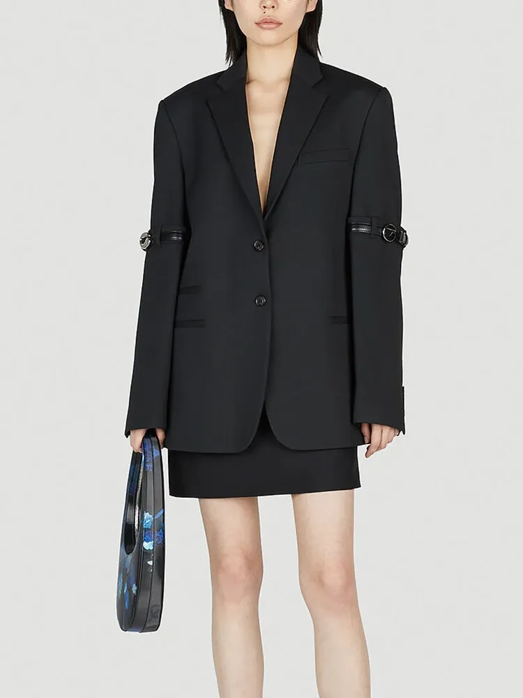 TWOTWINSTYLE Solid Patchwork Belt Chic Blazer For Women Notched Collar Long Sleeve Spliced Pocket Temperament Blazers Female New