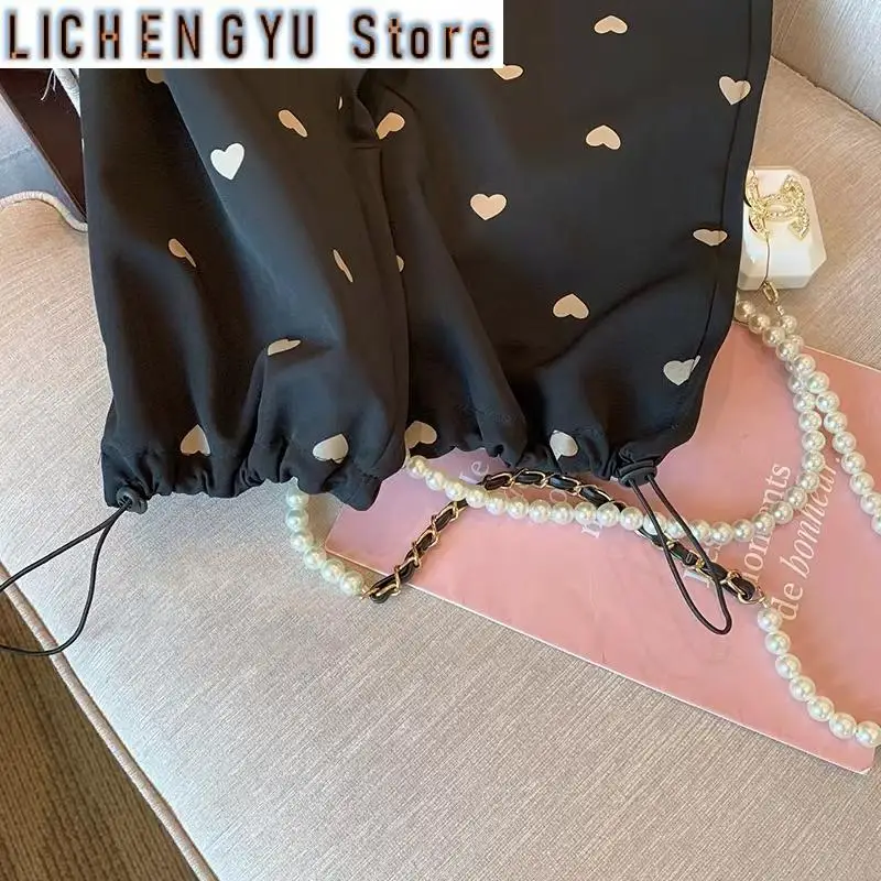 New Black Love Casual Wide-Leg Pants for Women Summer Small High Waist Slimming Drape Cool Ankle Banded Pants
