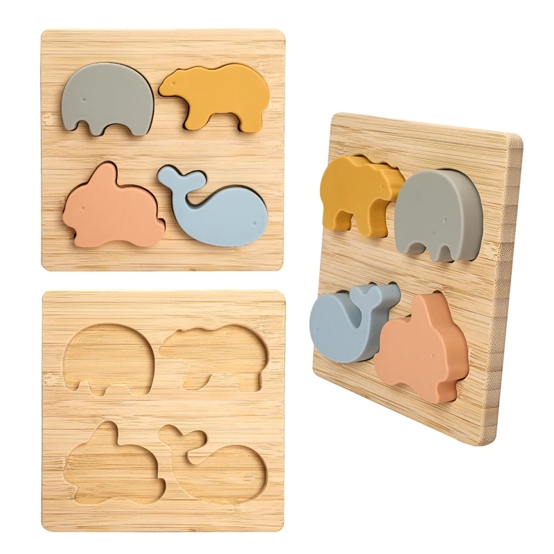 

Baby Puzzle 1 Years Silicone Animal Teether Wooden Montessori Toy Childhood Educational Toys Wooden Small Jigsaw Puzzle Gifts