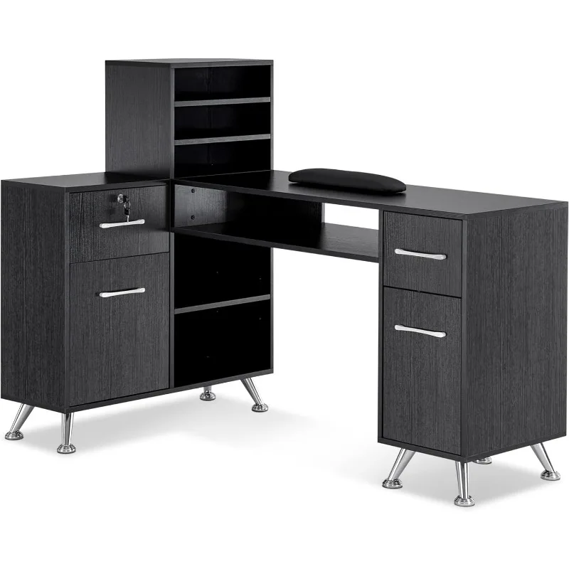 L-Shaped Manicure Table with Drawers and Shelves for Storage, Salon Corner Nail Desk, Makeup Dressing Station
