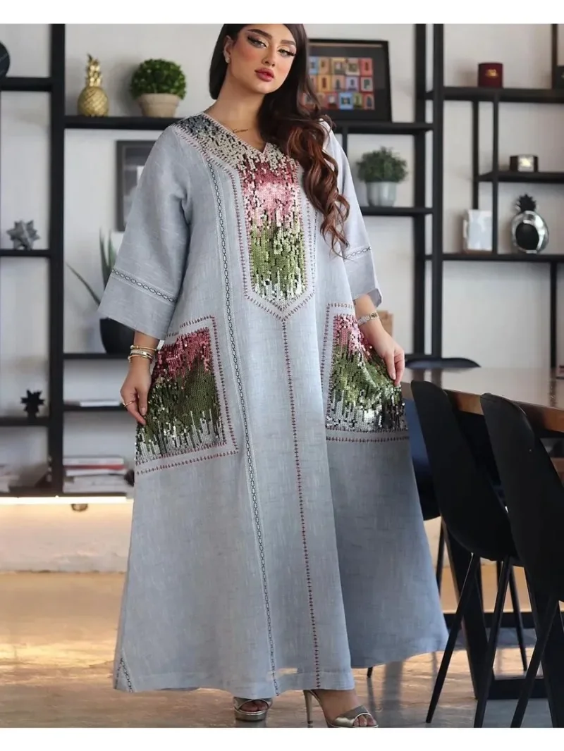 

Eid Muslim Party Dress for Women Abaya Sequins Maxi Evening Long Dresses Jalabiya Morocco Dubai Abayas Kaftan Vestidos Long Robe