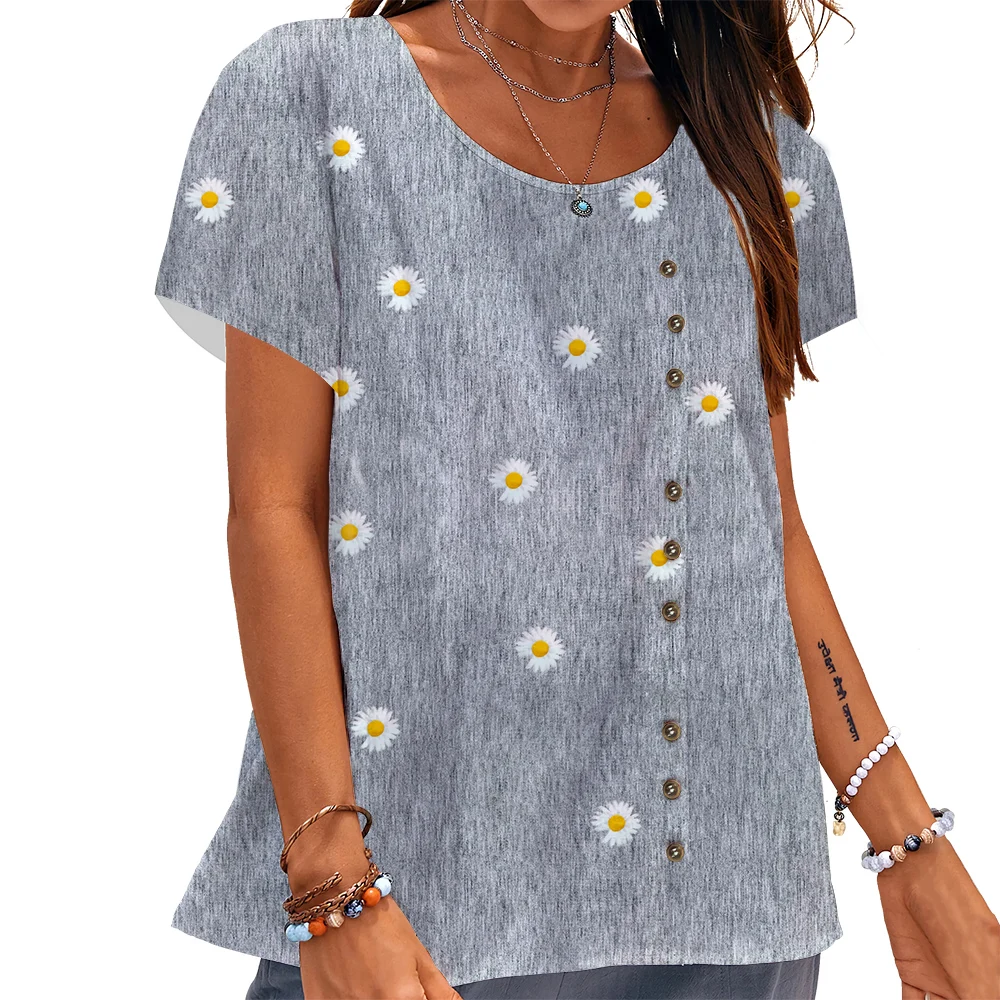 

CLOOCL Women T-shirt Daisy Floral Pattern 3D Printed Tees Button Decorate Short Sleeve Tops Summer Female Oversized Blouses