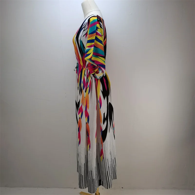 Midriff Drawstring Lace-up Bikini Cover-up Women Sweet Style Rainbow Print Beach Cover Up Female Summer Sun Protection Coverall