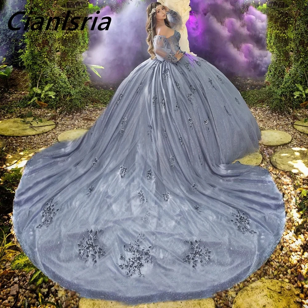 

Дымчато-Голубое Бальное платье со съемными рукавами, платья для Quinceanera, кружевной корсет с блестками и аппликацией, 15 лет