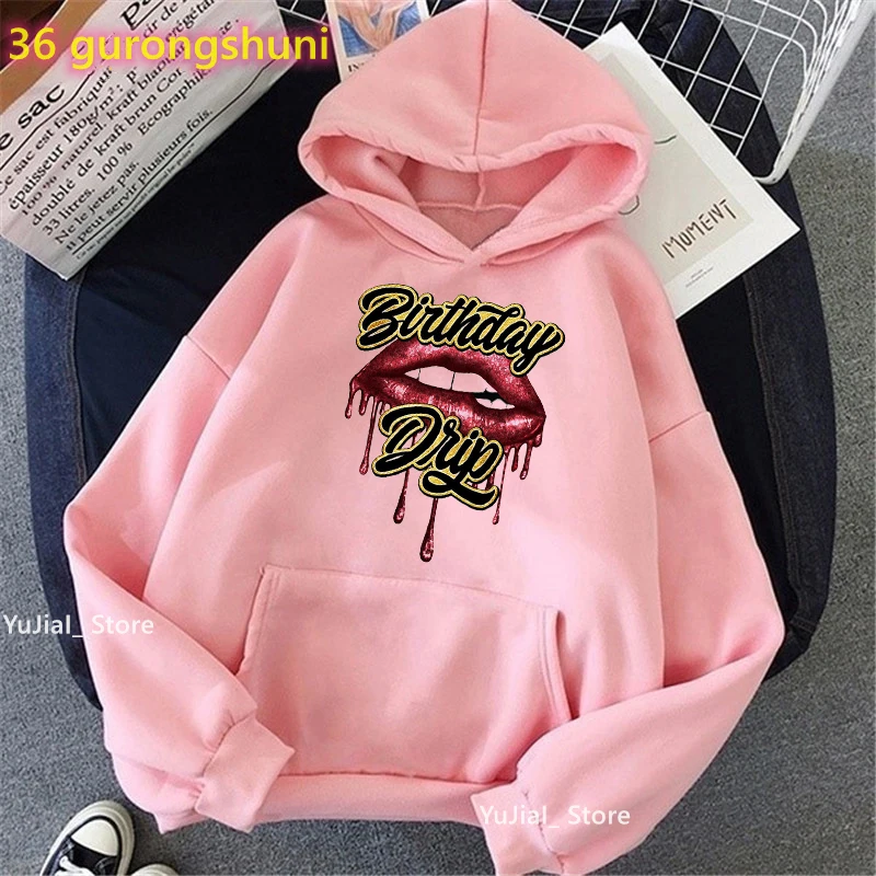 Red Lips Birthday Drip Graphic Print Cap Hoodie Women\'S Clothing Drip Squad Sweatshirt Femme Fashion Long-Sleeved Tracksuit