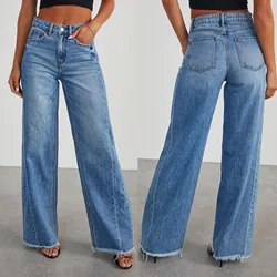 New Denim Pants Women's Mid Waist Loose Jeans Fashion Raw Edge Denim Straight Leg Pants Casual Female Trousers 2023 Spring