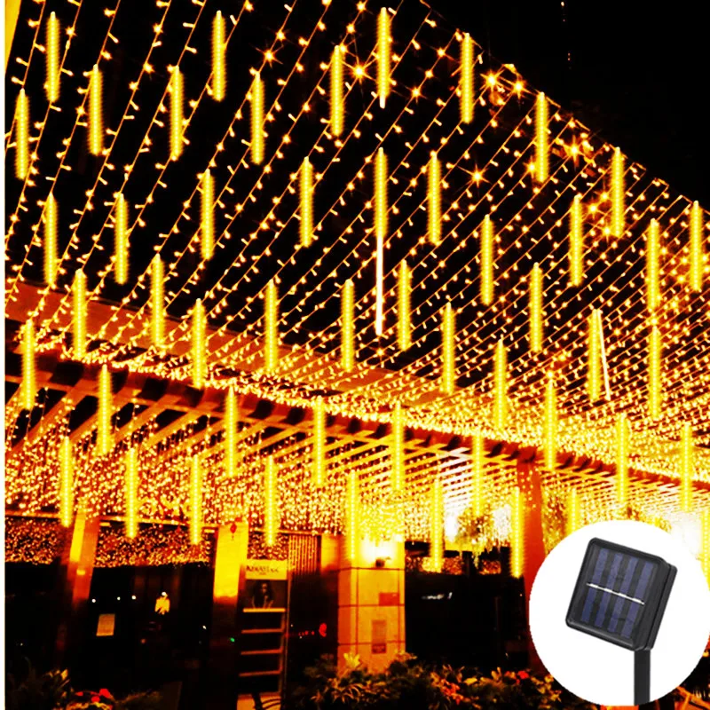 Solar Meteor Shower Rain LED String Lights Cascading Christmas Xmas Garden Patio Waterfall Tree Window Decorations Navidad New 600 600mm ceiling mounter rainfall waterfall mist spray rain curtain sus304 luxury led shower set