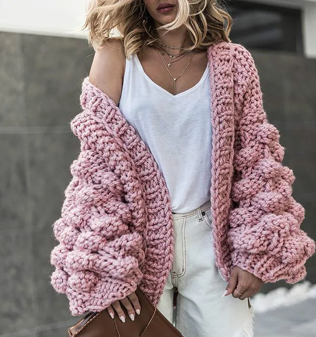 

TEELYNN Pink Cotton Long Sleeve Handmade Crochet Sweater Cardigan Women Casual Loose Lazy Winter Warm Coat Pull Jumper Outwear