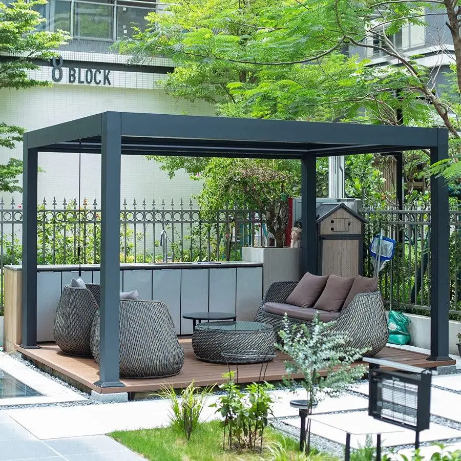 Aluminum Pergola Outdoor Motorized Louvers Pergola Gazebo With Electric Roller Blind