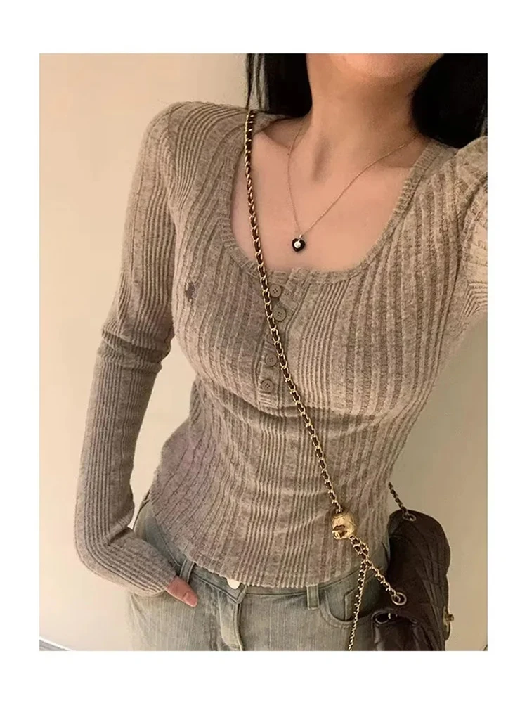 

Girls Spring Summer Y2k Style Fashion Striped Knitted Slim Tops Womens O-Neck Long Sleeve Casual 2024 New Black Elastic Sweaters